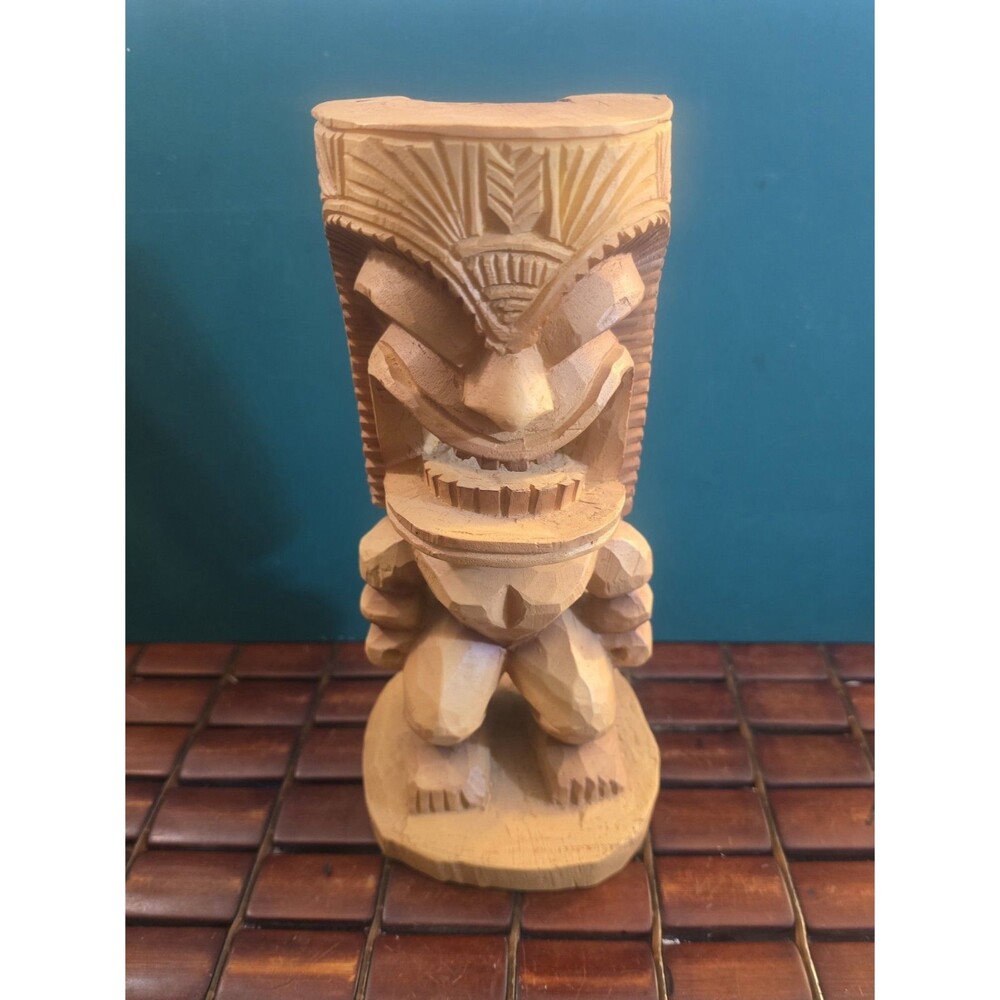 Hawaiian Tiki Ku War God Hand-carved Palm Wood Statue 9.5"x4.5"x4.5"